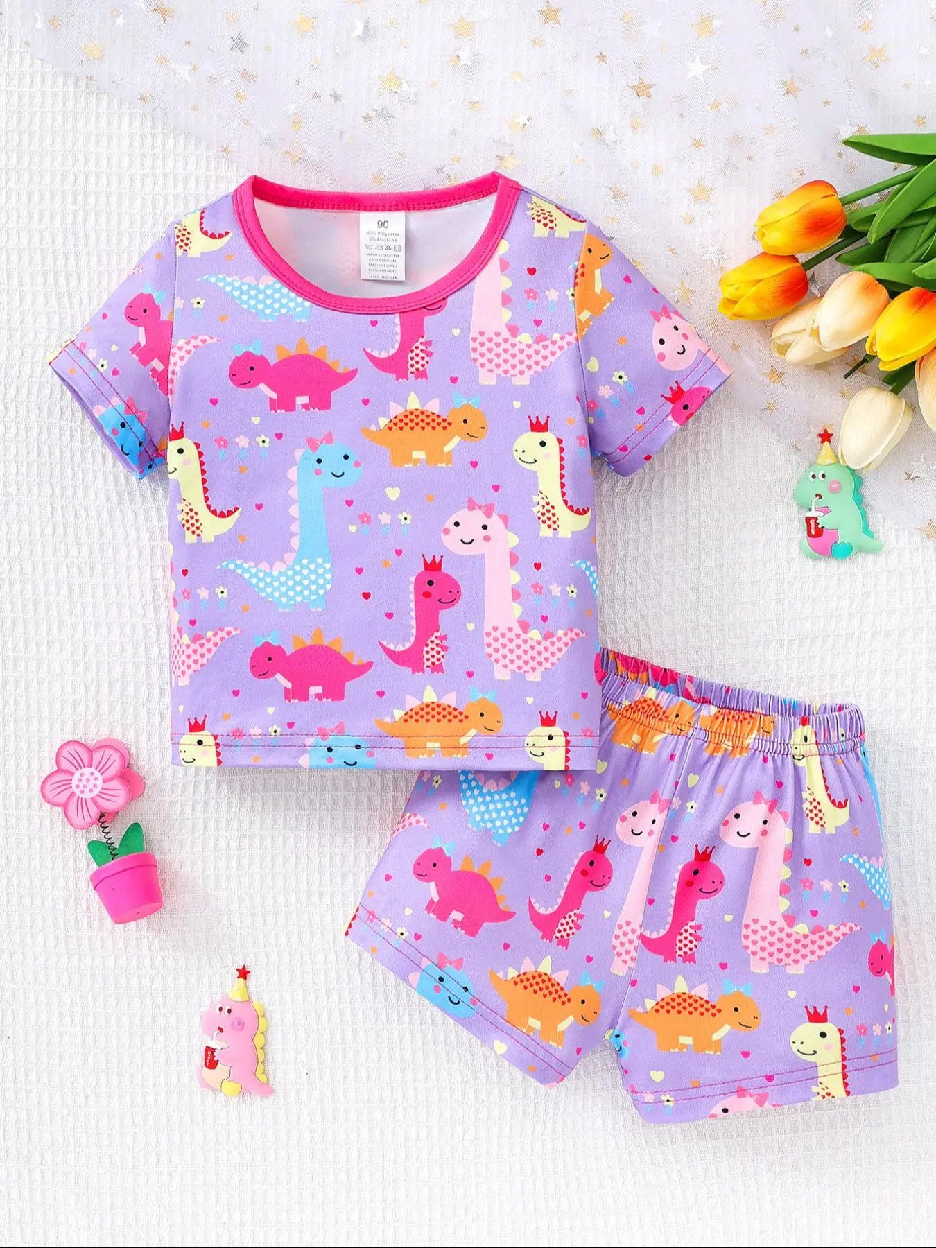 Toddler Girl's Cartoon Dinosaur Print Tee & Elastic Waist Shorts Set, Cute Casual Round Neck Short Sleeve T-shirt & Shorts, Summer Clothes for Kids