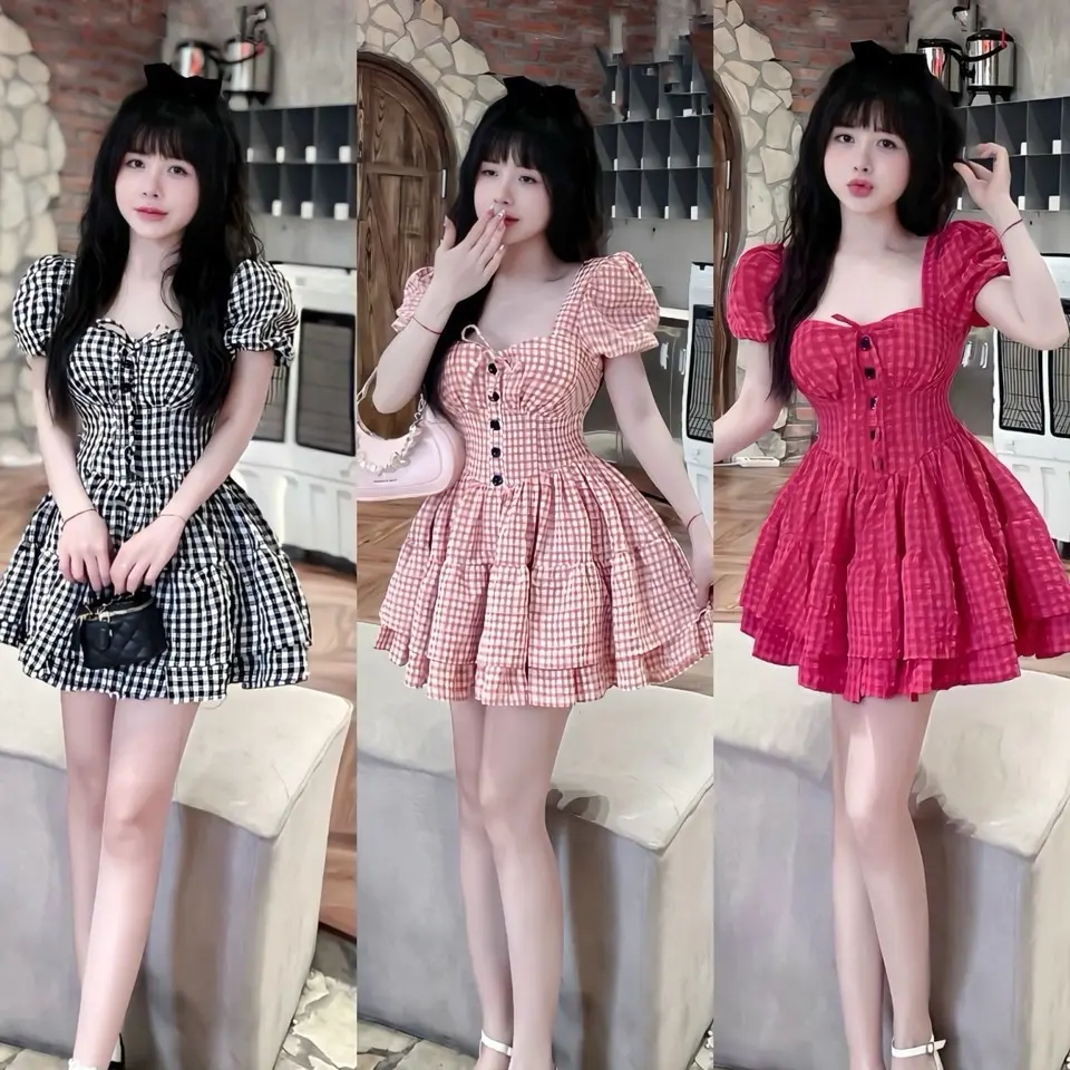 đầm caro cup ngực hai tầng