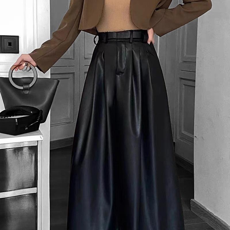 Chân Váy Da Xếp Ly Dáng Dài Kèm Đai Cao Cấp Hai Màu Đen Nâu