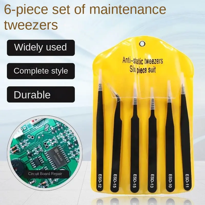 Metal Tweezers 6-Piece Set Precision ESD Tip Curved Tweezers Bag 1mm Straight Tweezers Curved Tweezers Eye Tweezer Tweezers Repair Tools