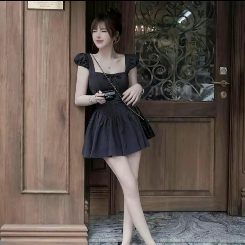 Đầm Cổ Vuông Xinh Kẻ Nơ Tay Bồng Váy Xếp Li Nữ 2