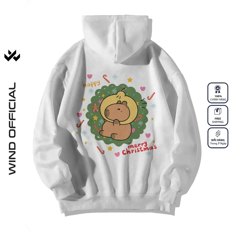 Áo hoodie unisex form rộng WIND Capybara Merry Christmas hoodie nút bấm thời trang nam nữ nỉ bông oversize Menswear Dài Tay Tay Dài 7