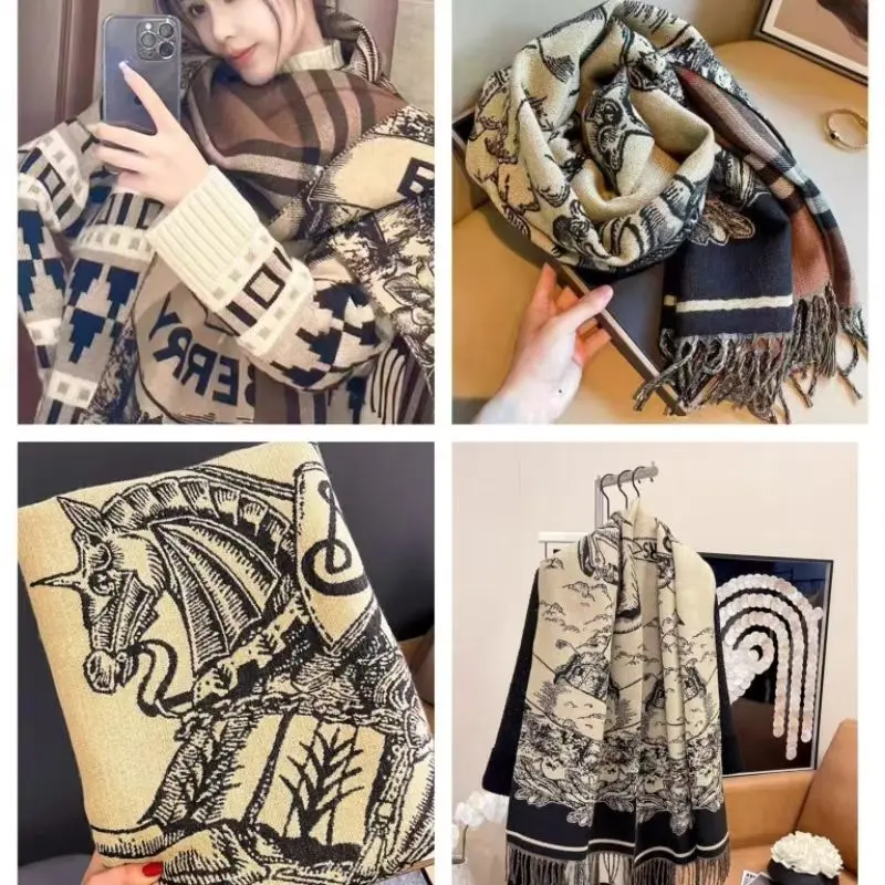 Khăn Quàng quàng cổ cashmere nhân tạo hai mặt, họa tiết kẻ sọc ngựa, dành cho phụ nữ, thời trang mới cho mùa đông, tua rua, khăn quàng choàng bên ngoài ấm áp, thương hiệu nổi tiếng Hoa Women