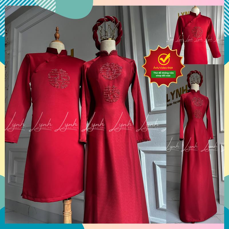 Áo dài cặp cô dâu Lụa Vân Gỗ 2 Hỉ - Áo dài Lynh Nữ Thun Áo Cưới Váy Cưới Women Dress Voan Kem