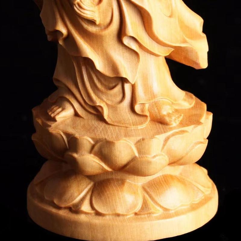 Product Introduction of Cliff Cypress Wood Carving Guanyin Buddha Statue Ornament Standing Statue Worship Household Solid Wood Guanyin Smiling Face Guanyin 6
