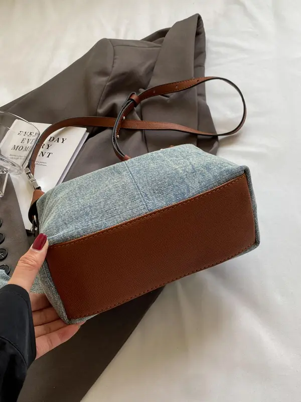 Women's Elegant Colorblock Denim Effect Design Crossbody Bag, Fashionable Zipper Shoulder Bag for Daily Used, Casual Trendy Versatile High-quality Daily Commuting Bag 4