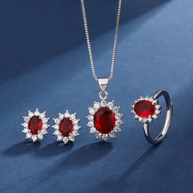 Blue Red Yellow Green Purple White Gemstone Zircon Princess Crown Necklace Set Rings Earrings Pendant for Women