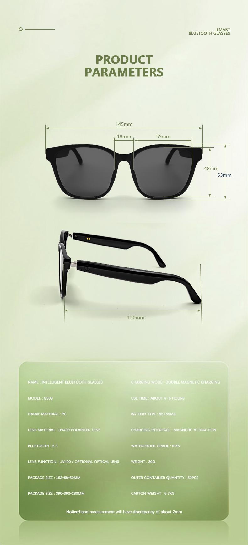 Product Introduction of COD Quick Send New GS08 Smart Glasses for Men 2 in 1 UV Protection Portable Polarized Anti-blue Light Black Frame White Lenses Music Sunglasses 12