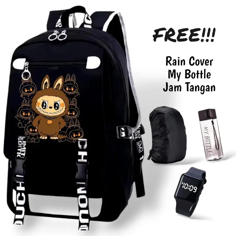 HS - TAS SEKOLAH ANAK PAUD TK SD LAKI LAKI PEREMPUAN BONEKA LABUBU BAG TAS RANSEL SEKOLAH ANAK CEWEK COWOK KEKINIAN TAS ANAK LAKI LAKI TAS ANIME FASHION TERBARU KEKINIAN 4IN1 FREE JAM LED MY BOTTLE BANYAK BONUSNYA