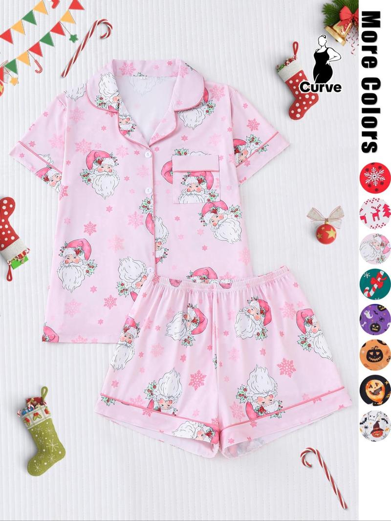 Product Introduction of 【Plus Size】 Two-piece Set Pumpkin & Skull Print Lapel Neck Pocket Shirt & Elastic Waist Shorts Pyjama Set, Halloween Casual Comfy Short Sleeve Button Up Top & Shorts Pj Set, Halloween Pajamas, Christmas Pajamas, Pyjamas for Women 2