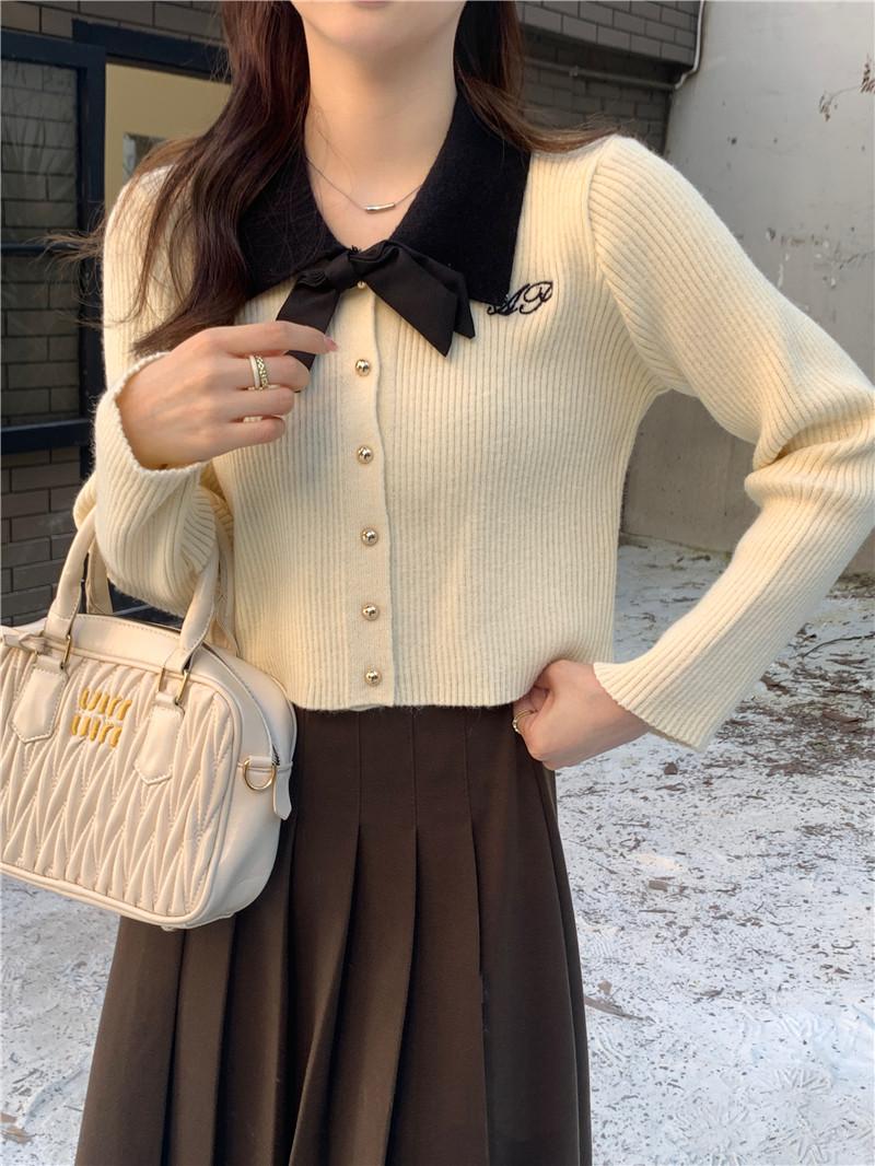 Product Introduction of Áo Cardigan Dệt Kim, Hàng Mới Về Mùa Thu, Dành Cho Nữ, Cổ Áo Màu Tương Phản, Có Nơ, Chiều Dài Ngắn, Thiết Kế Thời Trang 3