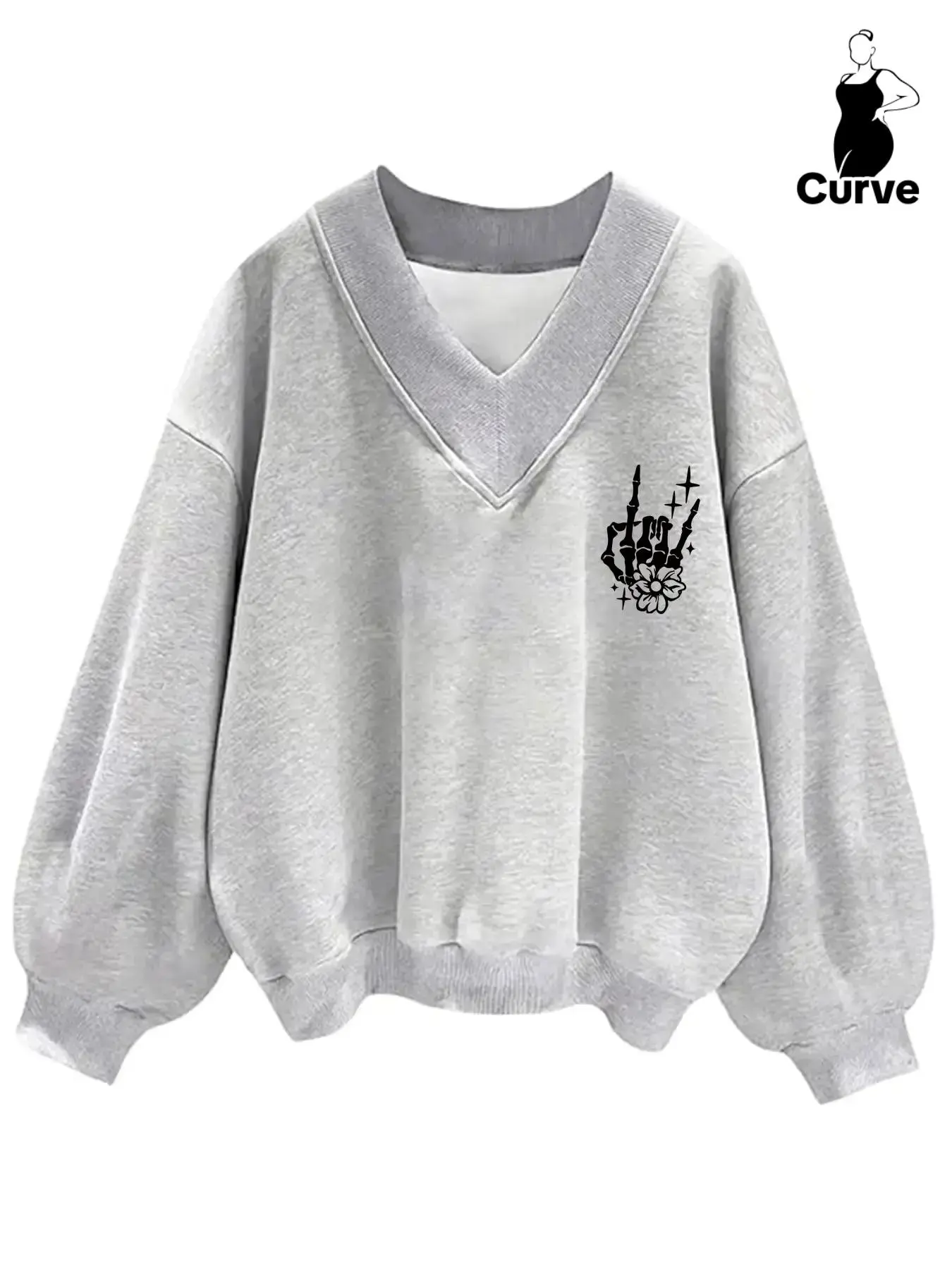 【Plus Size】 Women's Cartoon Skull & Floral Print Drop Shoulder Pullover, Fashion Casual Long Sleeve V Neck Sweatshirt for Daily Outdoor Wear, Women Clothing for Fall & Winter