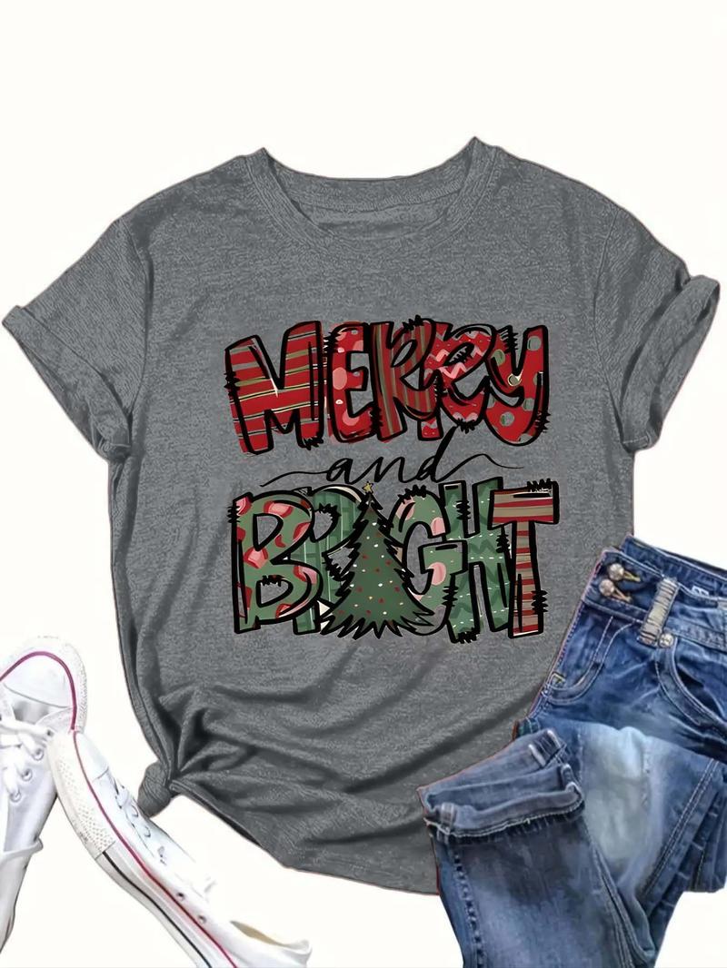 Product Introduction of 【Plus Size】 Cartoon Christmas Tree & Letter Print Round Neck Tee, Casual Short Sleeve Crew Neck T-Shirt for Summer, Women's Clothing for Daily Wear 3