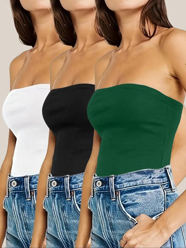 3-piece a Set Women's Summer Solid Color Knitted Strapless High Elastic Cylinder Tube Top Tank Camisole Top Casual Cute Clothes 6