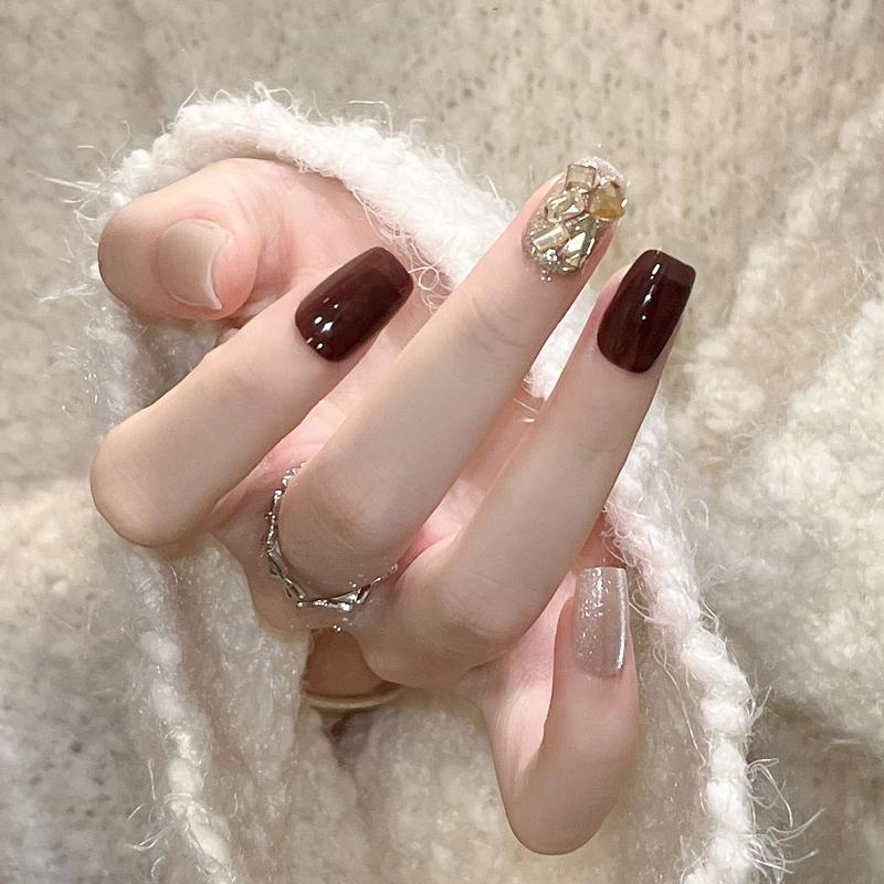 Internet hot advanced White nail sticker wine red diamond cat eye wear detachable nail 1