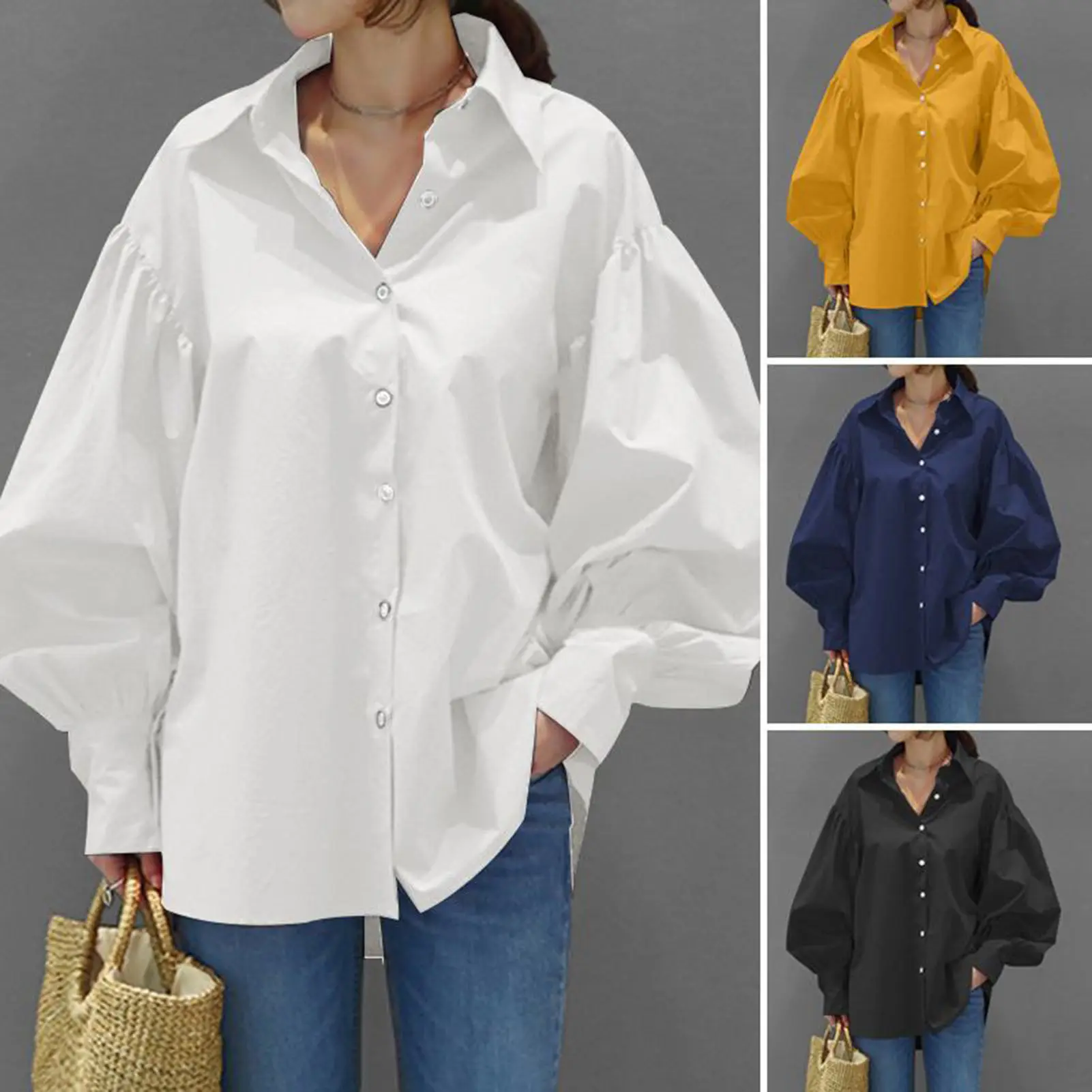 Mieeuo Turn-down Collar Single Breasted Anti-pilling Women Shirt Casual Lantern Sleeve Fashion Shirt Blouse Female Clothing