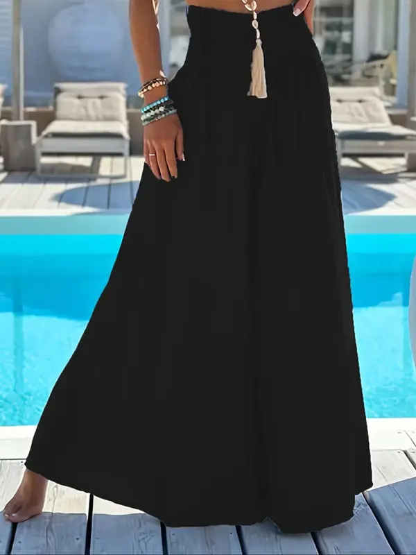 Women's Plain Shirred Wide Leg Pants, Loose Fit Boho Casual High Waist Trousers for Beach Vacation Holiday, Fashion Ladies Summer Clothes, Womenswear, Baggy Legged Pants 4