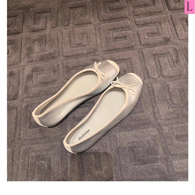 2023 Summer New Style Single Shoes Women Outer Wear Round Toe Shallow Mouth Bow Showing Feet Small Flat All-Match Ballet Shoes Footwear Girl Walking Shoes Running 6