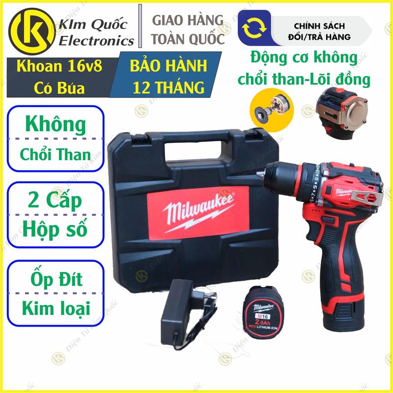 Máy Khoan Pin Milwaukee 16,8v 3 chức năng Đầu Kẹp autolock 10mm Động Cơ Không Chổi Than K16-Gen2( bộ 2Pin+1Sạc)