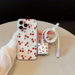 Set de 5 Piezas Funda para Teléfono de Cereza Transparente de Pantalla Completa + Cubierta para Cabeza del Cargador + Protector de Cable + Cuerda de Almacenamiento para iPhone 6/7/8/X/XS/XR/XS Max/11/12/13/14/15/16 Pro Max