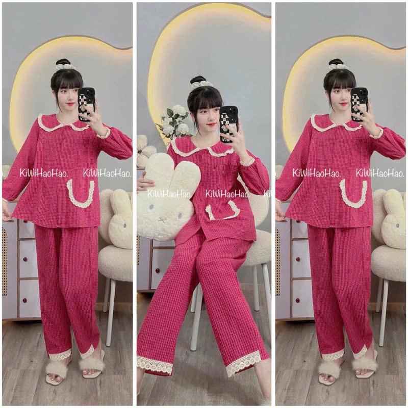V07 - Bộ Bầu - Bộ Sau Sinh Dài Tay Đũi Xốp Mềm Mịn Cổ Sen Ren Viền 1 Túi - Áo Có Khoá Kéo Quân Có Chun Chỉnh - Freesize Dưới 72kg 2