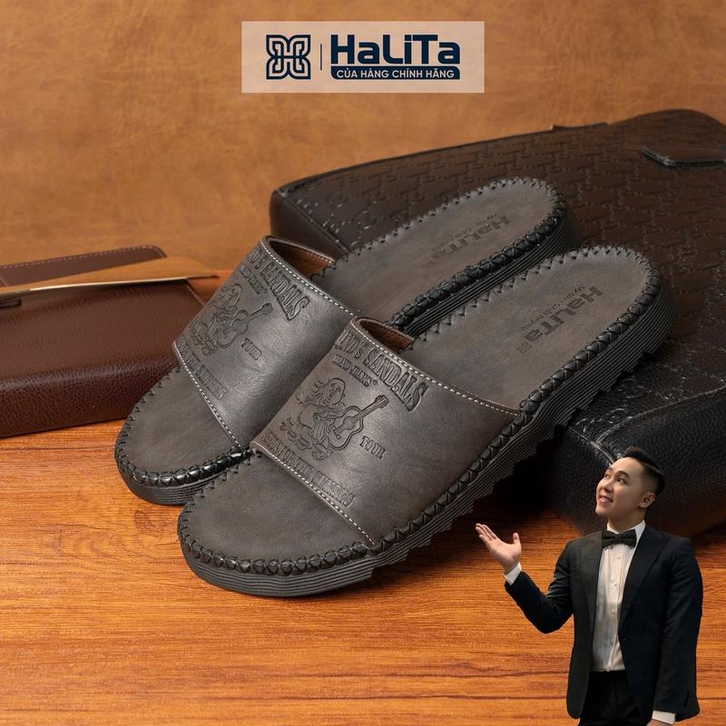 Dép Nam Đẹp Đi Mưa dập vân nối Địa Halita Da Bò Sáp chống thấm nước Đế Nhẹ Có Răng Cưa Chống Trơn Trượt Mặt da êm chân khâu chỉ viền xung quanh. Dép Nam Đế Bằng