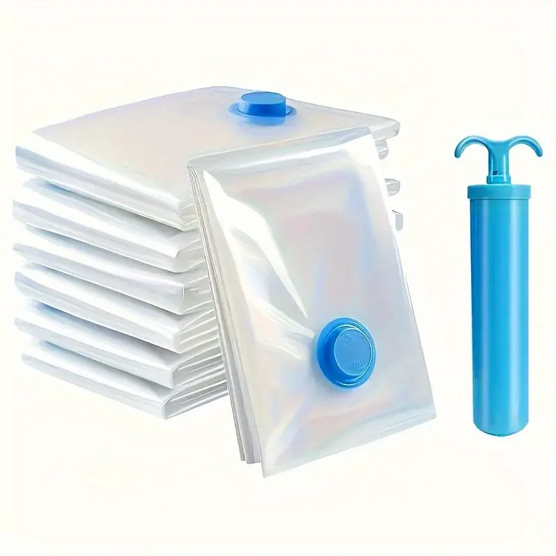 Vacuum Storage Bag Set, 8 Counts/set Including 7 Counts Dustproof Clothes Storage Bag & 1 Count Manual Pump, Clothes Storage Organizer for Home Bedroom Dormitory Moving