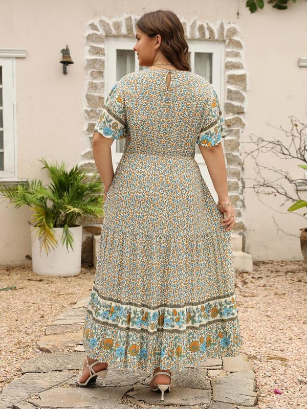 【Plus Size】 Ditsy Floral Print Dress, Fashion Casual Short Sleeve Dress for Daily Holiday Vacation Wear, Women Plus Clothing for Spring 1