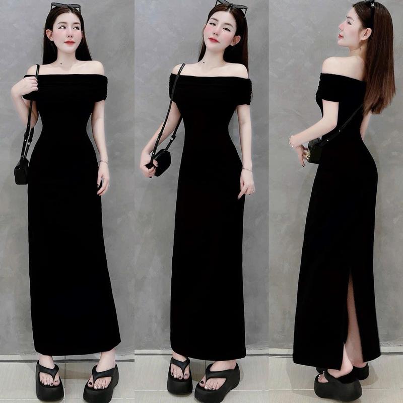  Đầm Body Ống Bệt Vai Dáng Dài Xẻ Sau 2 Màu Siêu Tôn Dáng Nữ Women Dress Đen 