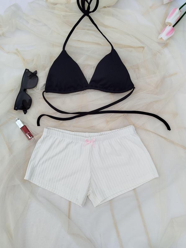  THE BLOOM Set bikini đi biển kiểu áo 2 mảnh kèm quần short mini chất thun co giãn đồ bơi quần đùi - SE019 Nữ Women Cotton Kem Top 