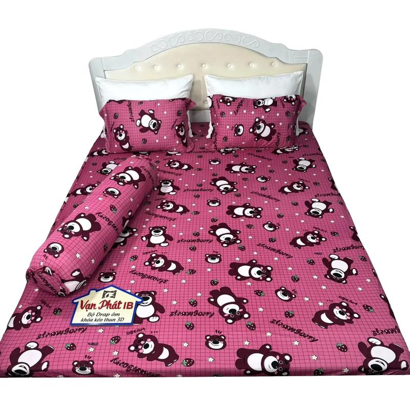 Mẫu gấu dâu caro hồng đậm-Bộ ga gối lên vỏ ôm khóa kéo may bít hai đầu