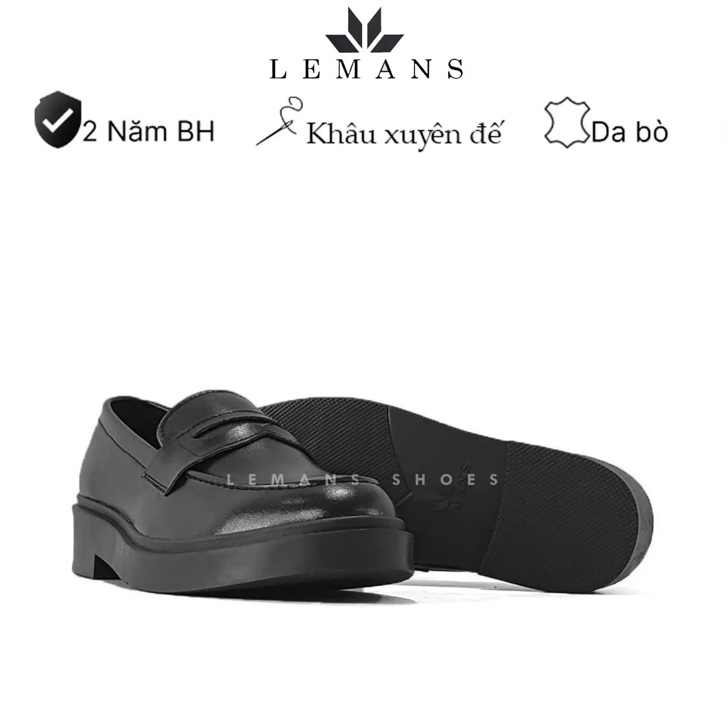 Giày da bò Penny Loafer Black LEMANS, giày lười công sở, da bò nguyên tấm, Bảo hành chính hãng 24 tháng Cao Su Shoes