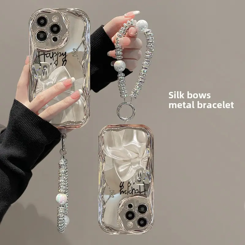 IPhone Suitable for Apple 15 phone case advanced iphone14 ribbon bow bracelet 13 silver electroplated 12 silicone soft/16