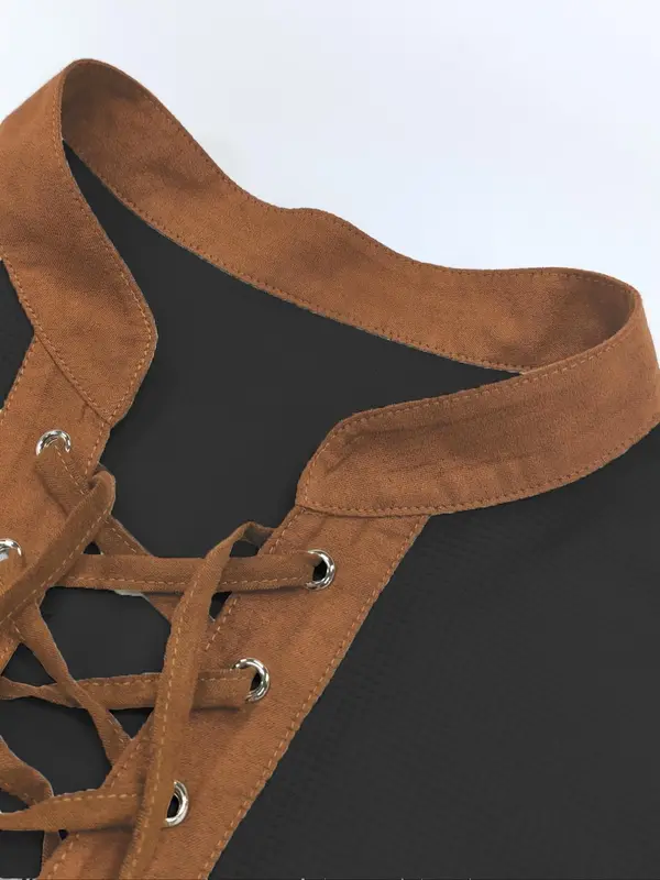 Men's Patchwork Lace Up Grommet Eyelet Sports Tee, Regular Fit Casual Long Sleeve Stand Collar T-shirt for Fall & Winter, Men's Sportswear for Indoor Outdoor Wear 2