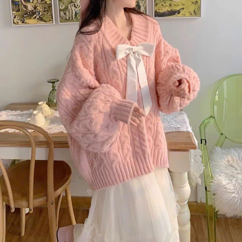   HÀNG QC   KÈM NƠ  Áo len kiểu nữ chất dệt kim vặn thừng dáng sweater cổ V form rộng dài tay 4 màu thu đông Hàn Quốc Kozoda Women AL490 Top Kem 