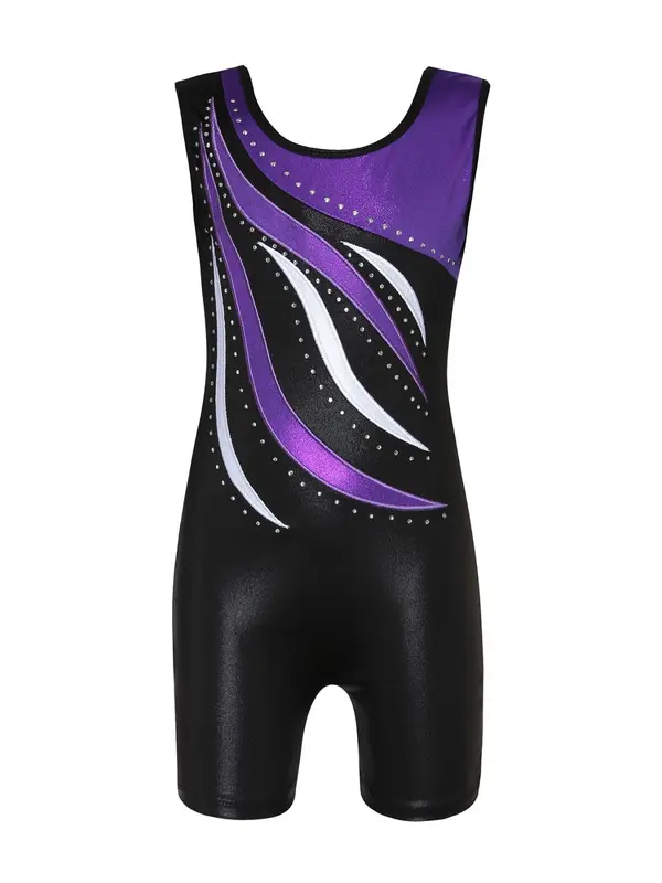 Girl's Colorblock Print Romper, Sporty Comfy Breathable Sleeveless Dance Romper for Gymnastics, Kids Dancewear for All Seasons 0