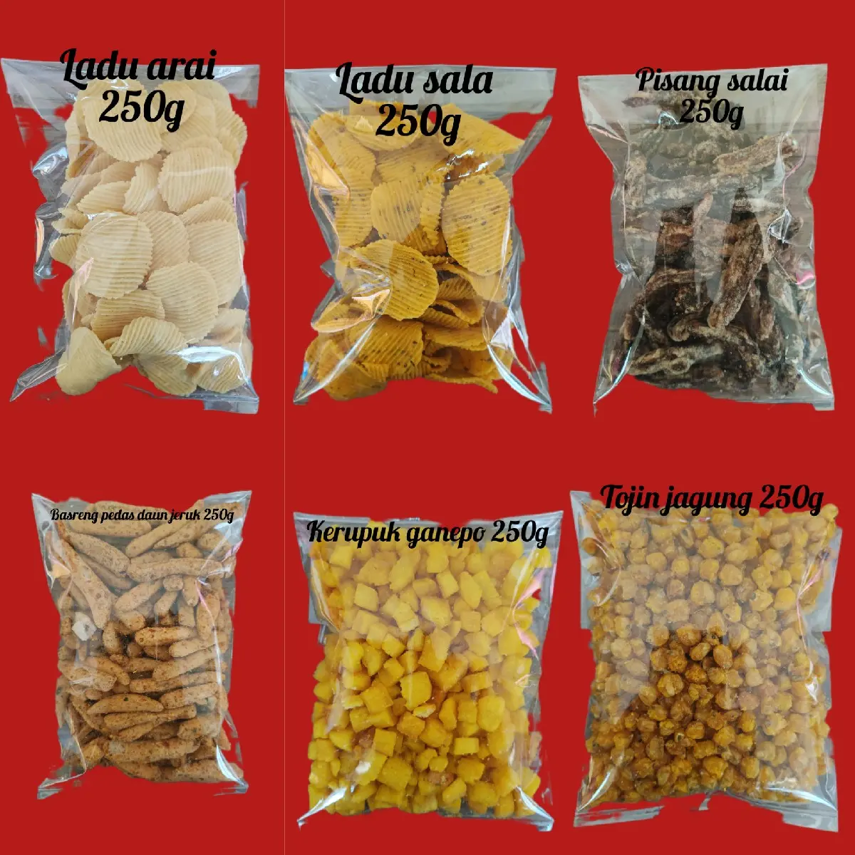 CEMILAN 250G (LADU ARAI,LADU SALA,PISANG SALAI, BASRENG PEDAS DAUN JERUK,GANEPO,TOJIN JAGUNG)