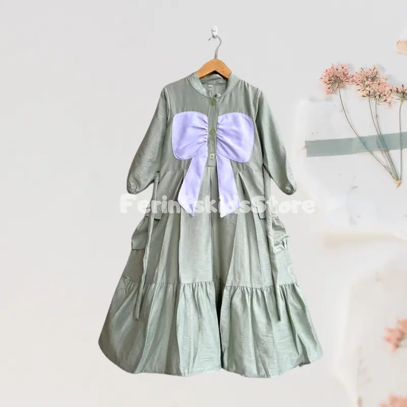 Gamis Cargo Lafana Buffy Muslim Anak Perempuan Motif Pita kupu kupu Usia 3-12 Tahun Lembut Linen Nyaman gamis Katun Remaja 3