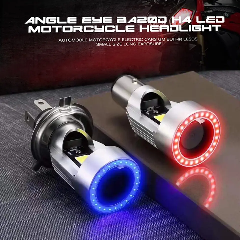 Lampu Depan Motosikal LED, 1PC, 12V, Biru / Merah, Gaya Mata Malaikat, Mentol H4, Sesuai untuk Basikal Skuter, Universal, Lampu Siang, Lampu Hiasan, Aksesori Motosikal, Mentol HS1 / H6, untuk Motosikal