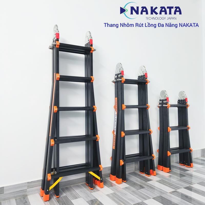 Thang nhôm rút lồng đa năng NAKATA 3 bậc, 4 bậc, 5 bậc sơn tĩnh điện, chất liệu hợp kim nhôm cao cấp, chốt khoá tự động, chân đế bọc cao su, chống trượt