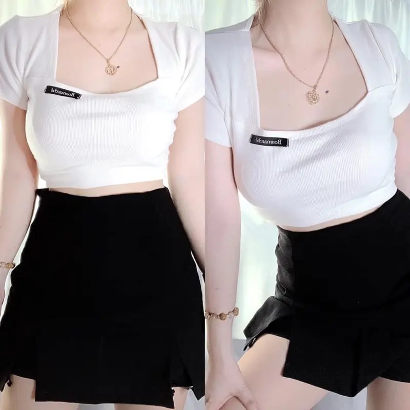 Áo Croptop Tay Ngắn Logo Thêu YUMI Freesize Trắng/Đen/Xanh Borzip Siêu Dày Dặn - Nữ, Women
