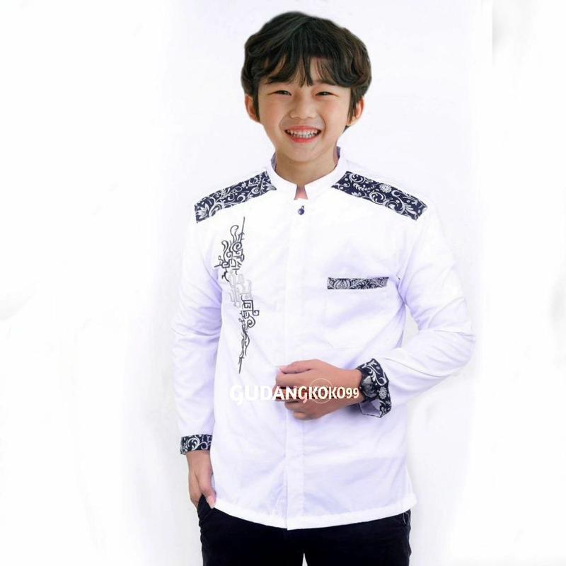 baju koko anak bordil terbaru koko majjada katun batik  kombinasi  bordir Muslim Panjang Nyaman Turki Peci baju koko 14–17  Navy Lebaran Hitam 5