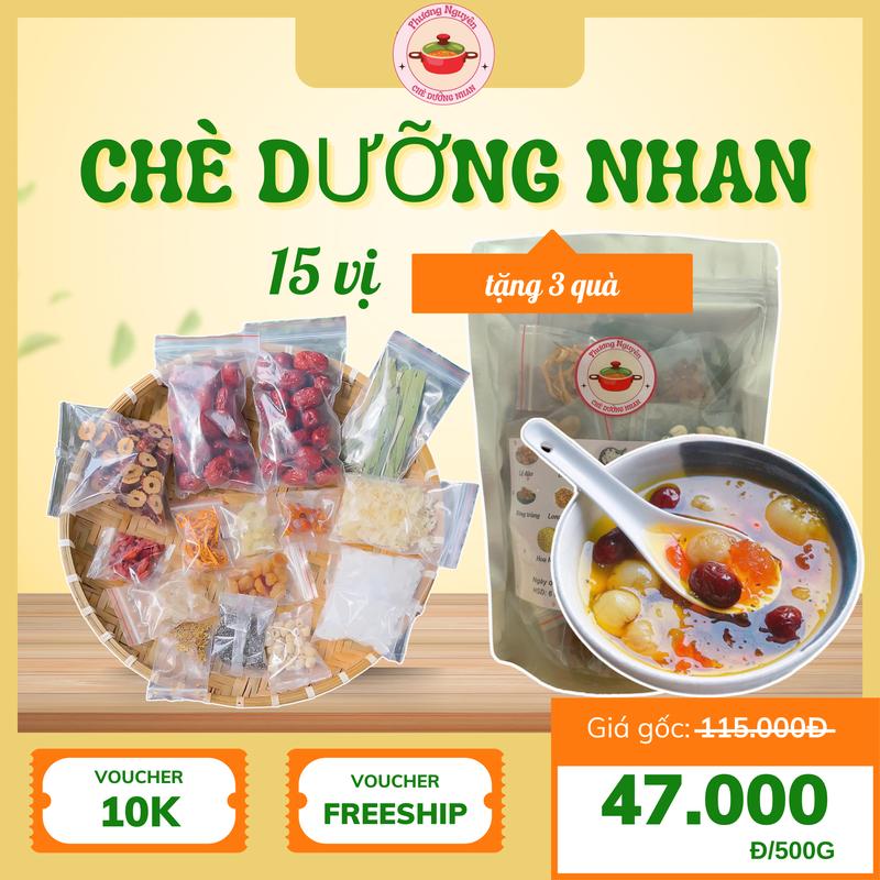 Set Lớn Chè Dưỡng Nhan 15 Vị 500g (nguyên liệu khô) Phương Nguyên - Tặng kèm 3 quà ( 1 túi tuyết yến+1 túi đông trùng+1 túi hạt chia ) , 1 set nấu 25-30 chén - Nước Trà, Tea lá