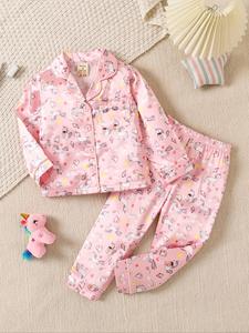 Toddler Girl's Cartoon Print Lapel Shirt & Elastic Waist Pants Lounge Set, Casual Cute Pocket Button Front Top & Trousers, Kids Spring & Fall Pajamas, Christmas Pyjamas, Girls Clothing Sets,  Kids Clothes Girls