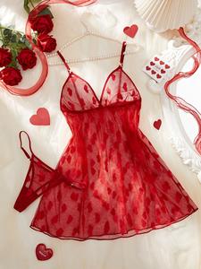 Conjunto de ropa interior de tul para mujer de 2 piezas con camisón de tirantes finos ajustables y tanga, con estampado de corazón liso, conjunto de lencería con camisón y calzoncillo, conjunto de ropa de dormir para el verano
