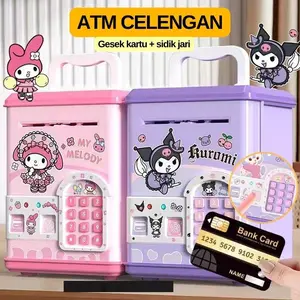 【Hot Selling】Kuromi Celengan ATM Elektrik Kartu Gesek & Sidik Jari Aman untuk Membuka Pintu Buka Kunci Mainan Tabungan Otomatis Kata Sandi ATM Edukasi Anak Digital