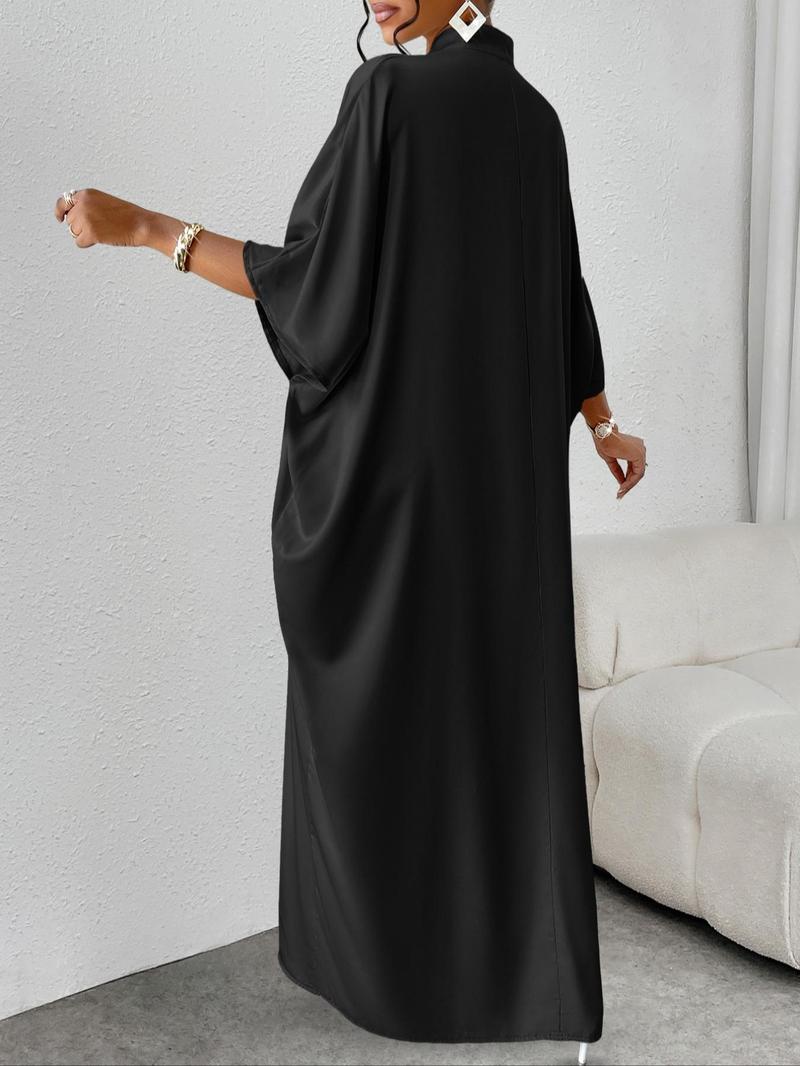 Product Introduction of Women's Plain Notched Neck Split Hem Long Dress, Elegant Fashion Casual Dress for Daily Outdoor Wear, Women Dress for Summer, Summer Dresses 2025 8