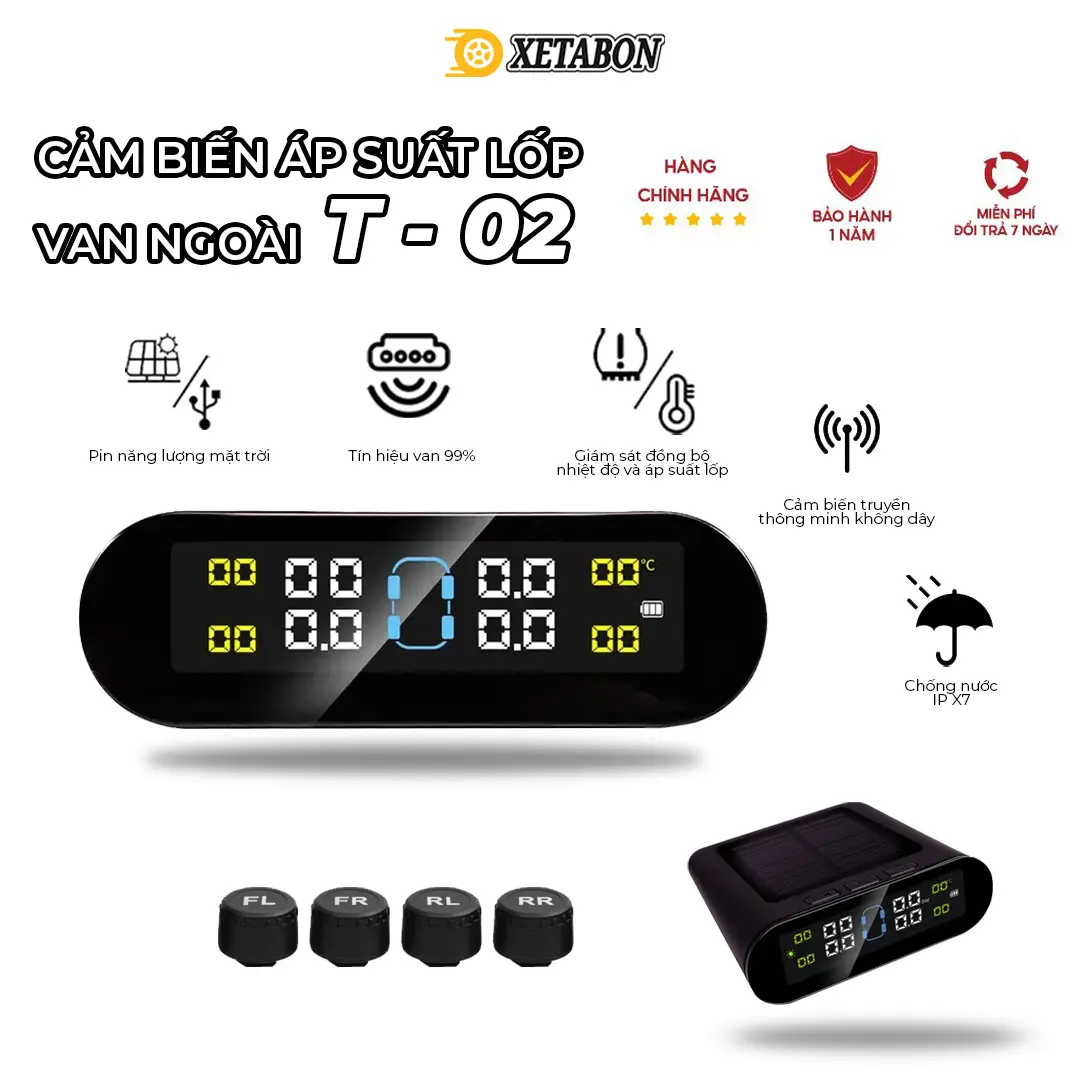Cảm Biến áp suất lốp Ô TÔ van ngoài cao cấp T-02 XETABON, Pin sạc năng lượng mặt trời, màn hình LCD cảm bi