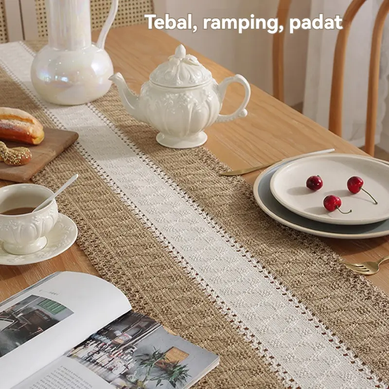 Table Runner Taplak Meja Panjang Bahan Premium Rajut Bendera Meja Katun Linen Taplak Meja Panjang Rumbai Senada Warna Premium Rajut Style 6