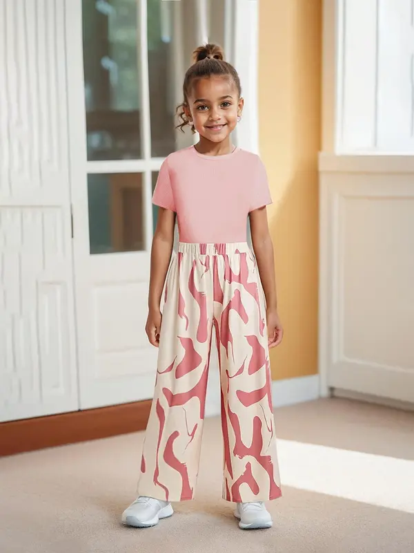 Girl's Solid Tee & Colorblock Wide Leg Pants Two-piece Set, Casual Round Neck Short Sleeve T-shirt & Trousers for Summer, Kids Clothes for Daily Wear, Fine Girls Outfit 0